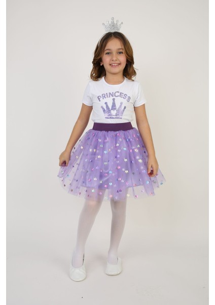 Kız Çocuk Takım Taç Desenli Badi Lila Varak Baskı Etek Bluz fırsatları