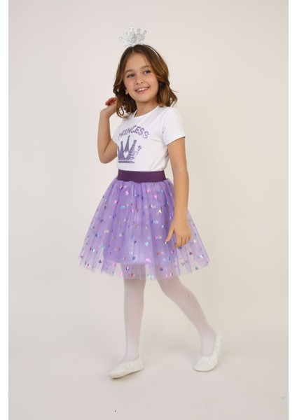 Kız Çocuk Takım Taç Desenli Badi Lila Varak Baskı Etek Bluz indirimleri