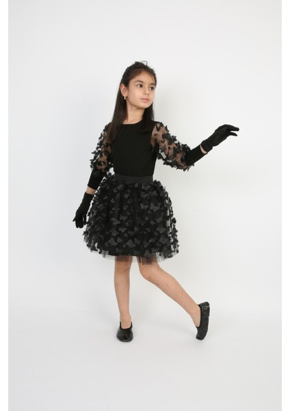 Kız Çocuk Takım Siyah Kolu Tüllü Kelebekli Badi Etek Bayramlık 23 Nisan,10 Kasım Gösteri Kostüm Tütü