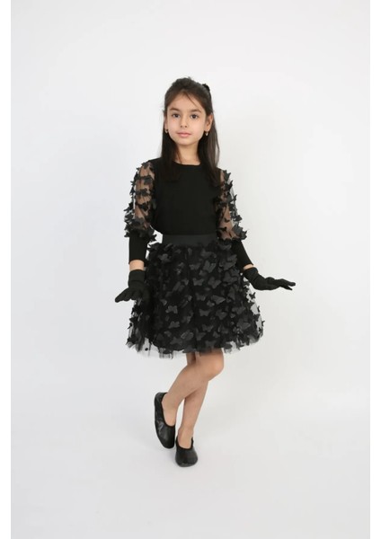 Kız Çocuk Takım Siyah Kolu Tüllü Kelebekli Badi Etek Bayramlık 23 Nisan,10 Kasım Gösteri Kostüm Tütü fiyatları