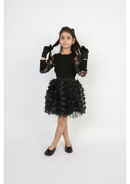 Kız Çocuk Takım Siyah Kolu Tüllü Kelebekli Badi Etek Bayramlık 23 Nisan,10 Kasım Gösteri Kostüm Tütü modelleri