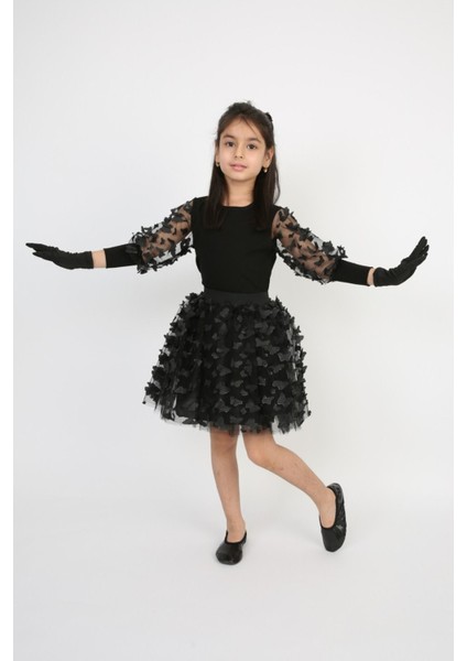 Kız Çocuk Takım Siyah Kolu Tüllü Kelebekli Badi Etek Bayramlık 23 Nisan,10 Kasım Gösteri Kostüm Tütü fırsatları