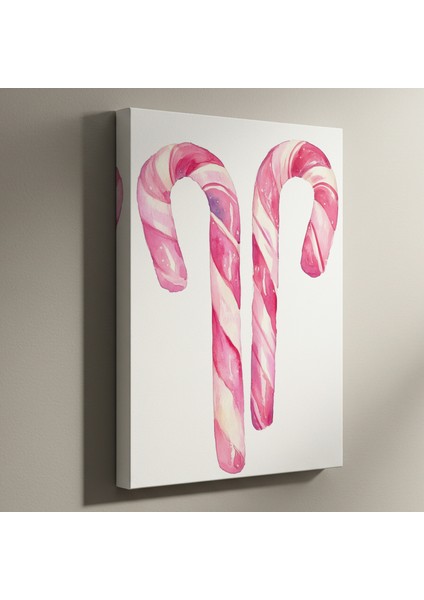 Pembe Çubuk Şekerler Noel Temalı Suluboya Tablosu