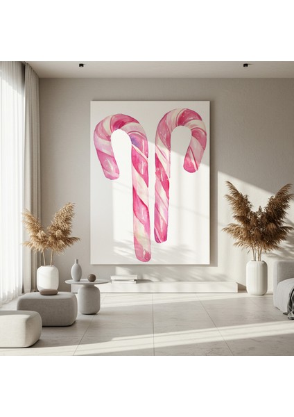 Pembe Çubuk Şekerler Noel Temalı Suluboya Tablosu fırsatları