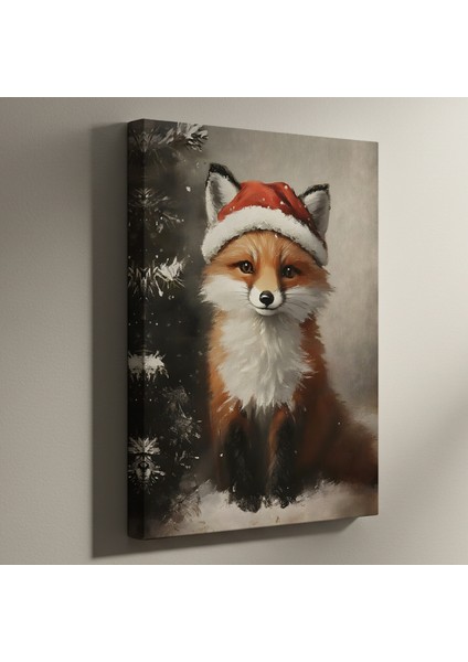 Noel Baba Şapkası Takmış Tilki Yağlıboya Tablosu