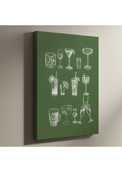 Yeşil Arka Plan Çeşitli Kokteyller Illüstrasyon Tablosu