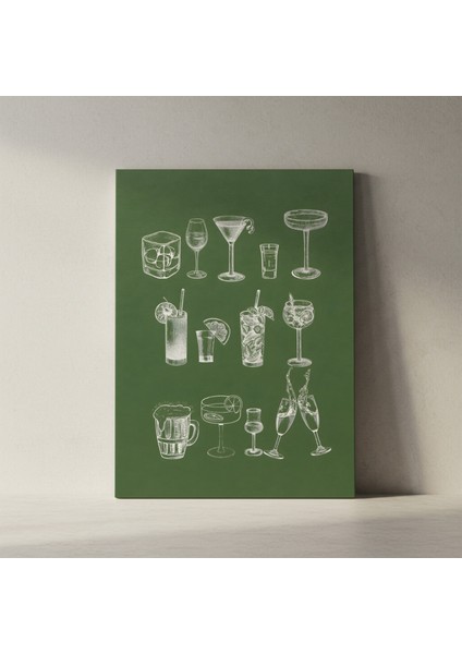 Yeşil Arka Plan Çeşitli Kokteyller Illüstrasyon Tablosu fiyatları