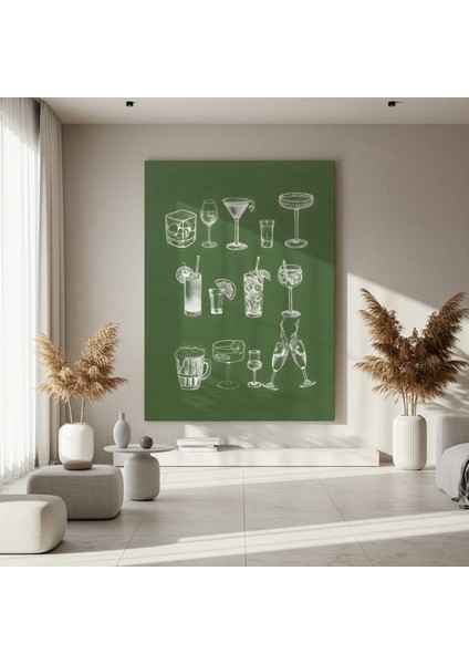 Yeşil Arka Plan Çeşitli Kokteyller Illüstrasyon Tablosu fırsatları
