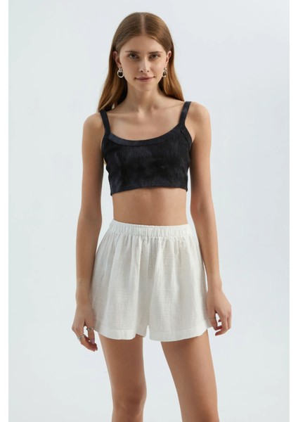 Kadın Keten Yüksek Bel Elastik Bel Şort White