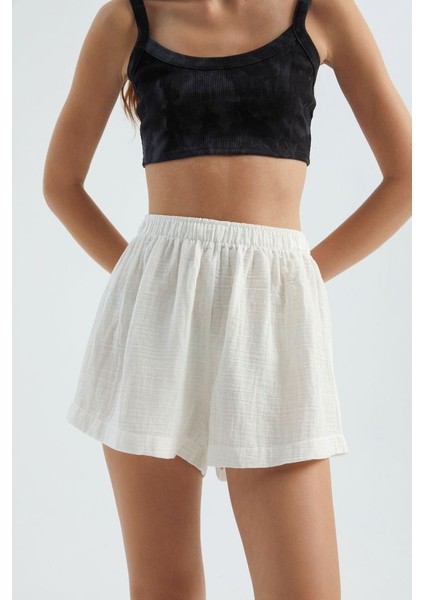 Kadın Keten Yüksek Bel Elastik Bel Şort White fiyatları