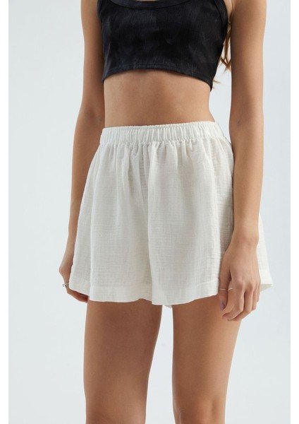 Kadın Keten Yüksek Bel Elastik Bel Şort White modelleri