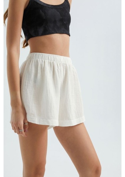 Kadın Keten Yüksek Bel Elastik Bel Şort White fırsatları