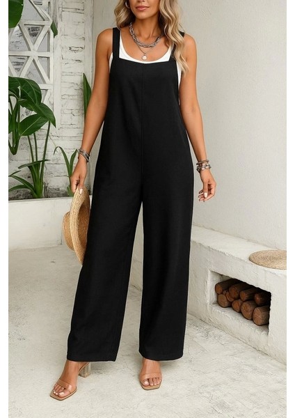 Kadın Askılı Yandan Fermuarlı Geniş Paçalı Valencia Tulum