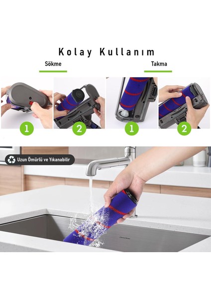 LED Işıklı Yumuşak Rulo Süpürge Başlığı Dyson V7/V8/V10/V11/V15 Uyumlu indirimleri