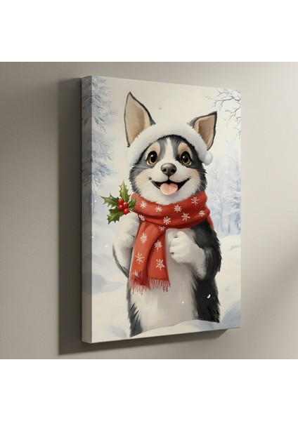 Sevimli Noel Köpeği Kış Portresi Tablosu