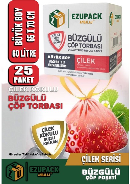 60 Lt ( 25 Paket ) Avantaj Paket Büyük Boy Çilek Kokulu Büzgülü Çöp Poşeti Çöp Torbası 250 Adet