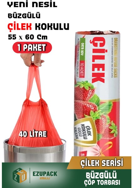 40 Lt ( 1 Paket ) Avantaj Paket Orta Boy Çilek Kokulu Büzgülü Çöp Poşeti Çöp Torbası 10 Adet