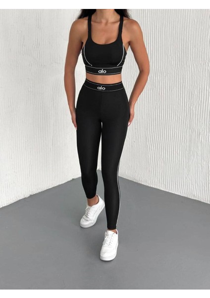 Siyah Renk Büstiyerli Taytlı Ikili Alt Üst Jogger Takım