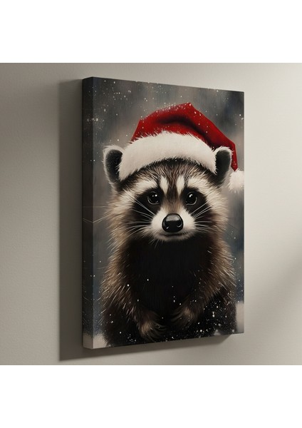 Kışın Noel Şapkalı Rakun Tablosu