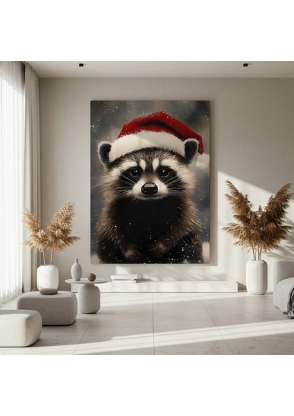 Kışın Noel Şapkalı Rakun Tablosu fırsatları