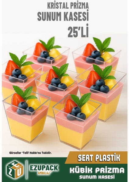 Kübik Prizma Mika Magnolya Bardağı Kase Plastik Şeffaf Sunum Kabı 200CC 25ADET Tatlı&meze Salata
