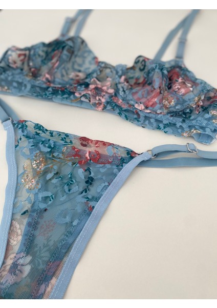 Dantelli Çiçekli Balenli Sütyen Takımı Mavi fiyatları