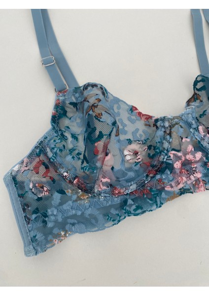 Dantelli Çiçekli Balenli Sütyen Takımı Mavi