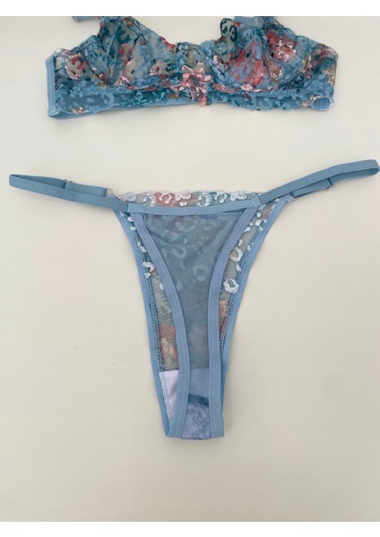 Dantelli Çiçekli Balenli Sütyen Takımı Mavi