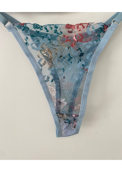 Dantelli Çiçekli Balenli Sütyen Takımı Mavi