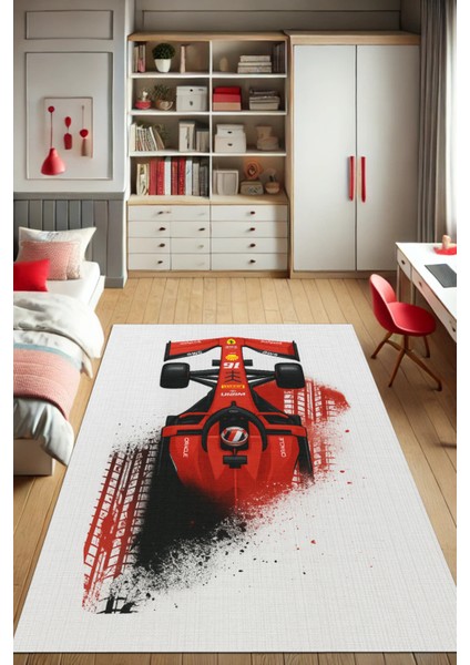 Kırmızı Yarış Arabalı Araba Tutkunları Halısı Dijital Baskılı Dokuma Kaymaz Tabanlı Yıkanabilir Çalışma Odası Halısı F1 Halısı