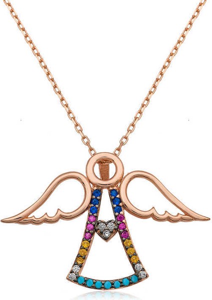 Gümüş Rose Kalpli Melek Bayan Kolye