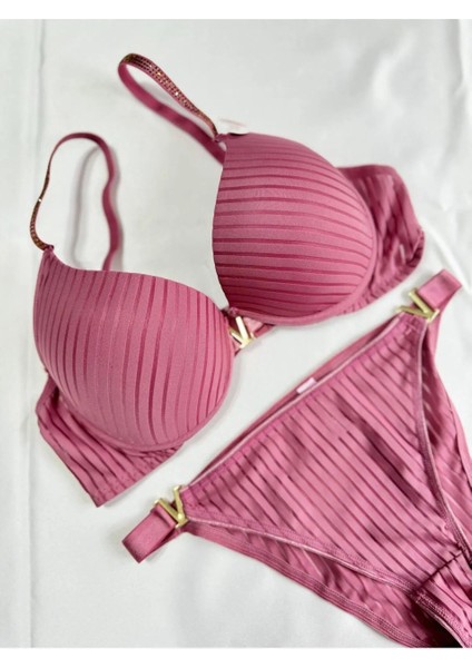 Kadın Taşlı Çizgili V Model Destekli Balenli Sütyen Takım Iç Çamaşırı Takımı modelleri