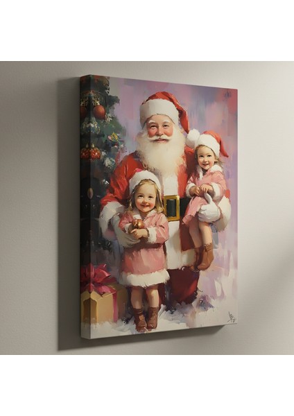 Noel Baba ve Iki Küçük Kız Yağlıboya Tablosu