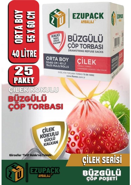40 Lt ( 25 Paket ) Avantaj Paket Orta Boy Çilek Kokulu Büzgülü Çöp Poşeti Çöp Torbası 250 Adet
