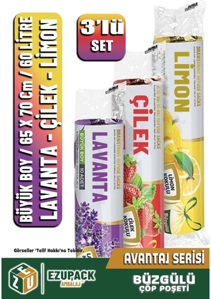60 Lt 3lü Set Avantaj Büyük Boy Lavanta Çilek Limon Kokulu Büzgülü Çöp Poşeti Çöp Torbası 30 Adet