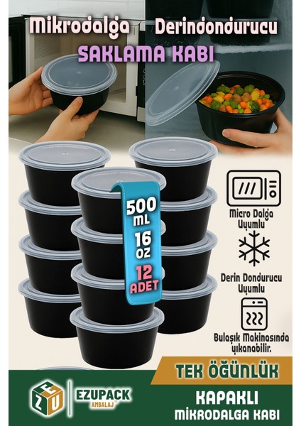 12'li Yuvarlak Mikrodalga ve Difrize Uygun Saklama Kabı Seti Buzluk Plastik Kap Derindondurucu 500ML