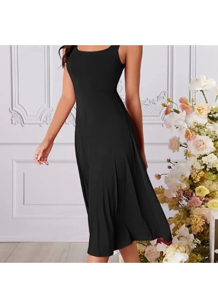 Kadın Askılı Geometrik Yakalı Geniş Kesim Detaylı Ithal Krep Elbise fiyatları