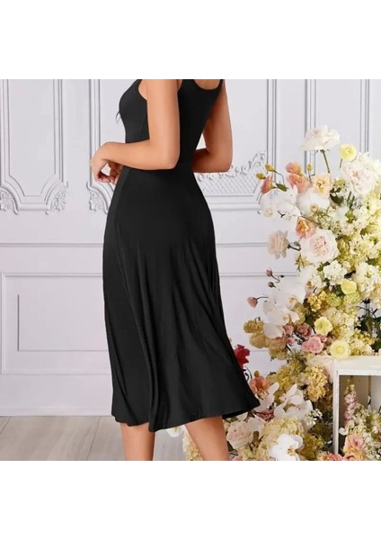 Kadın Askılı Geometrik Yakalı Geniş Kesim Detaylı Ithal Krep Elbise modelleri