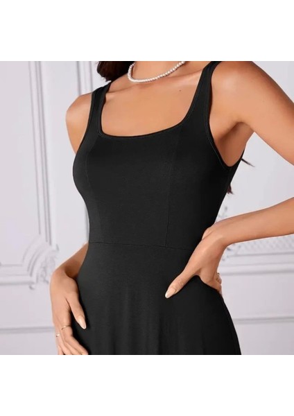 Kadın Askılı Geometrik Yakalı Geniş Kesim Detaylı Ithal Krep Elbise fırsatları