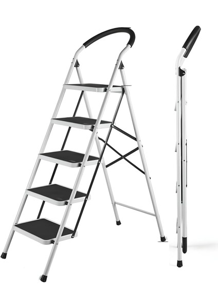 5 Basamaklı Katlanır Merdiven | Kaymaz Geniş Basamaklı Ev & Mutfak Tipi | 150 Kg Kapasiteli Emniyetli Beyaz