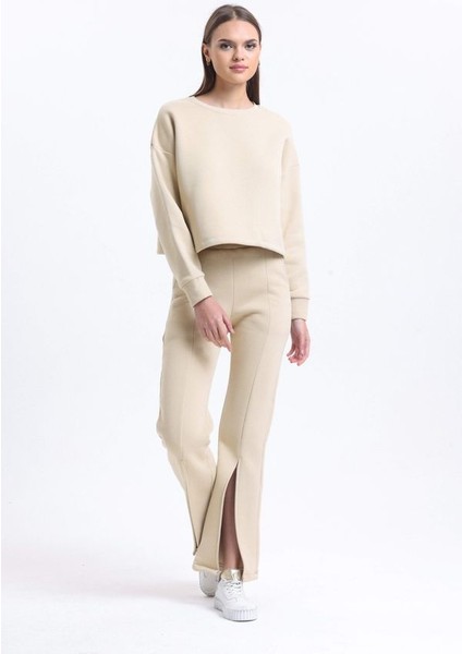 Kadın Yüksek Bel Yarık Jogger Pantolon Natural fırsatları