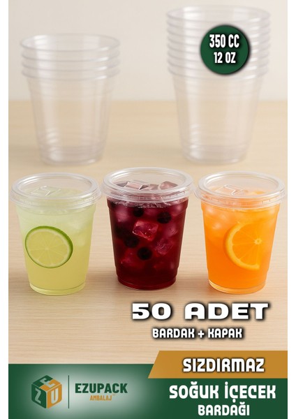 50Lİ 350 cc Kapaklı Sert Plastik Bardak Pet Bardak Limonata Soğuk Içecek Kahve Latte Bardağı