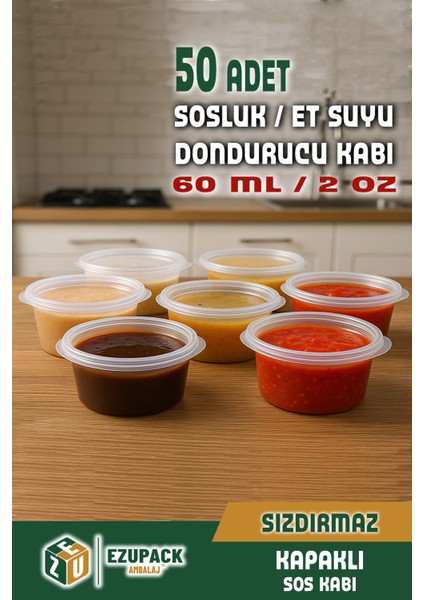 50 Adet Sızdırmaz 60 ml Mini Saklama Kabı Sosluk Buzluk Kabı, Et Suyu, Kemik Suyu, Sos Kabı Mutfak