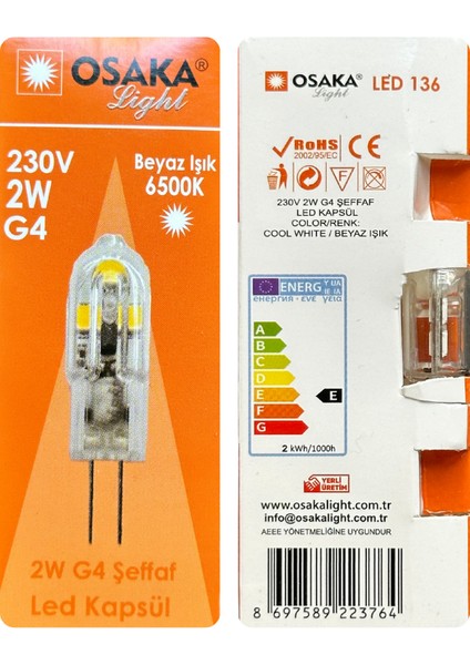 (10 adet) Osaka 2W Beyaz Işık (6500K) G4 Duylu (Iğne Bacak) LED Kapsül Ampul fırsatları