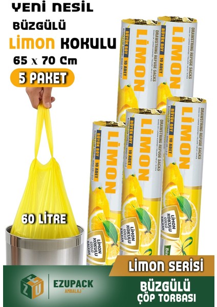 60 Lt ( 5 Paket ) Avantaj Paket Büyük Boy Limon Kokulu Büzgülü Çöp Poşeti Çöp Torbası 50 Adet