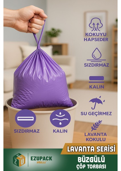 40 Lt ( 1 Paket ) Avantaj Paket Orta Boy Lavanta Kokulu Büzgülü Çöp Poşeti Çöp Torbası 10 Adet