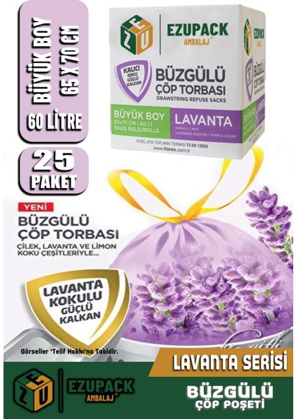 60 Lt ( 25 Paket ) Avantaj Paket Büyük Boy Lavanta Kokulu Büzgülü Çöp Poşeti Çöp Torbası 250 Adet