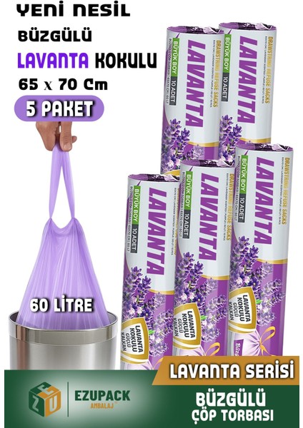 60 Lt ( 5 Paket ) Avantaj Paket Büyük Boy Lavanta Kokulu Büzgülü Çöp Poşeti Çöp Torbası 50 Adet