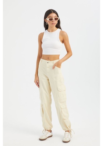 Kadın Orta Bel Fermuarlı Cargo Pantolon Beyaz