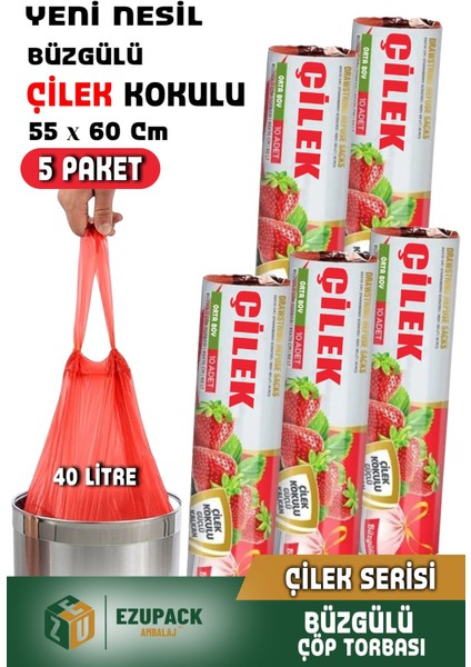 40 Lt ( 5 Paket ) Avantaj Paket Orta Boy Çilek Kokulu Büzgülü Çöp Poşeti Çöp Torbası 50 Adet